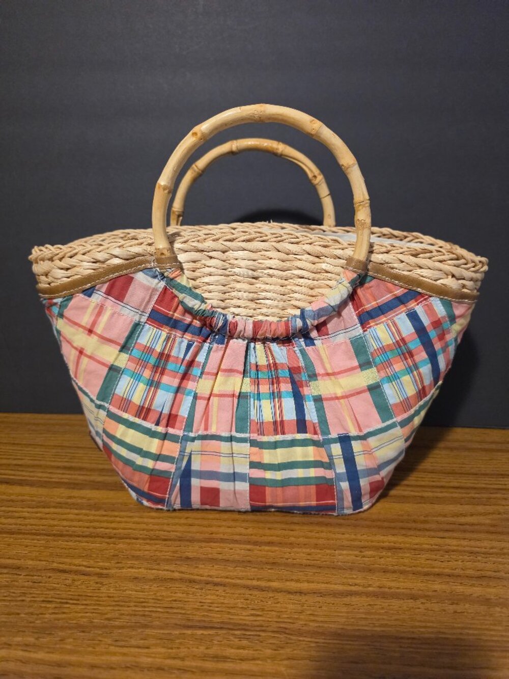 Caribbean Joe Plaid Straw Bamboo Handle Purse Bag